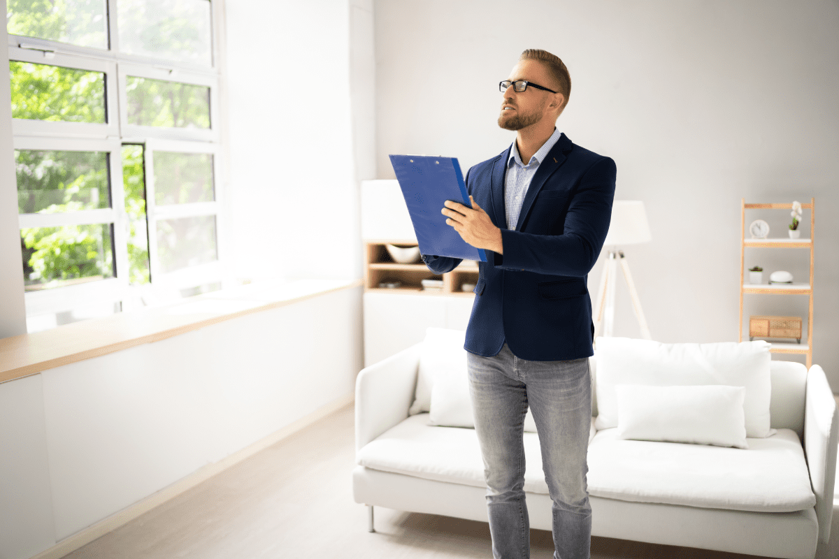 Man with clipboard standing in living room.