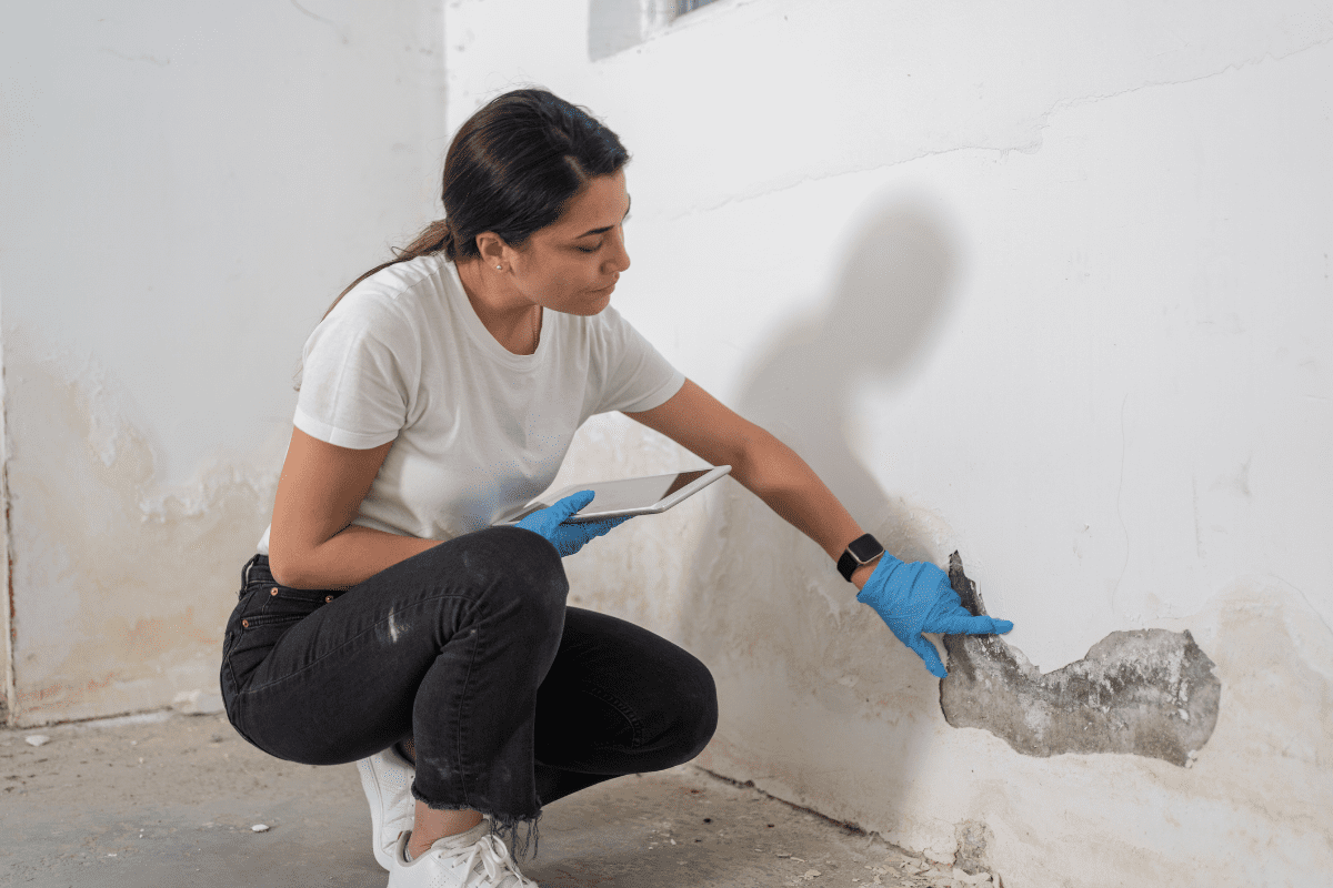 Woman inspecting wall damage with gloves on.